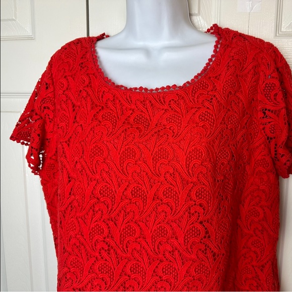 TALBOTS Red Lace Crochet Eyelet Blouse Top Shirt Short Sleeve Scoop Neck Plus - Picture 4 of 12